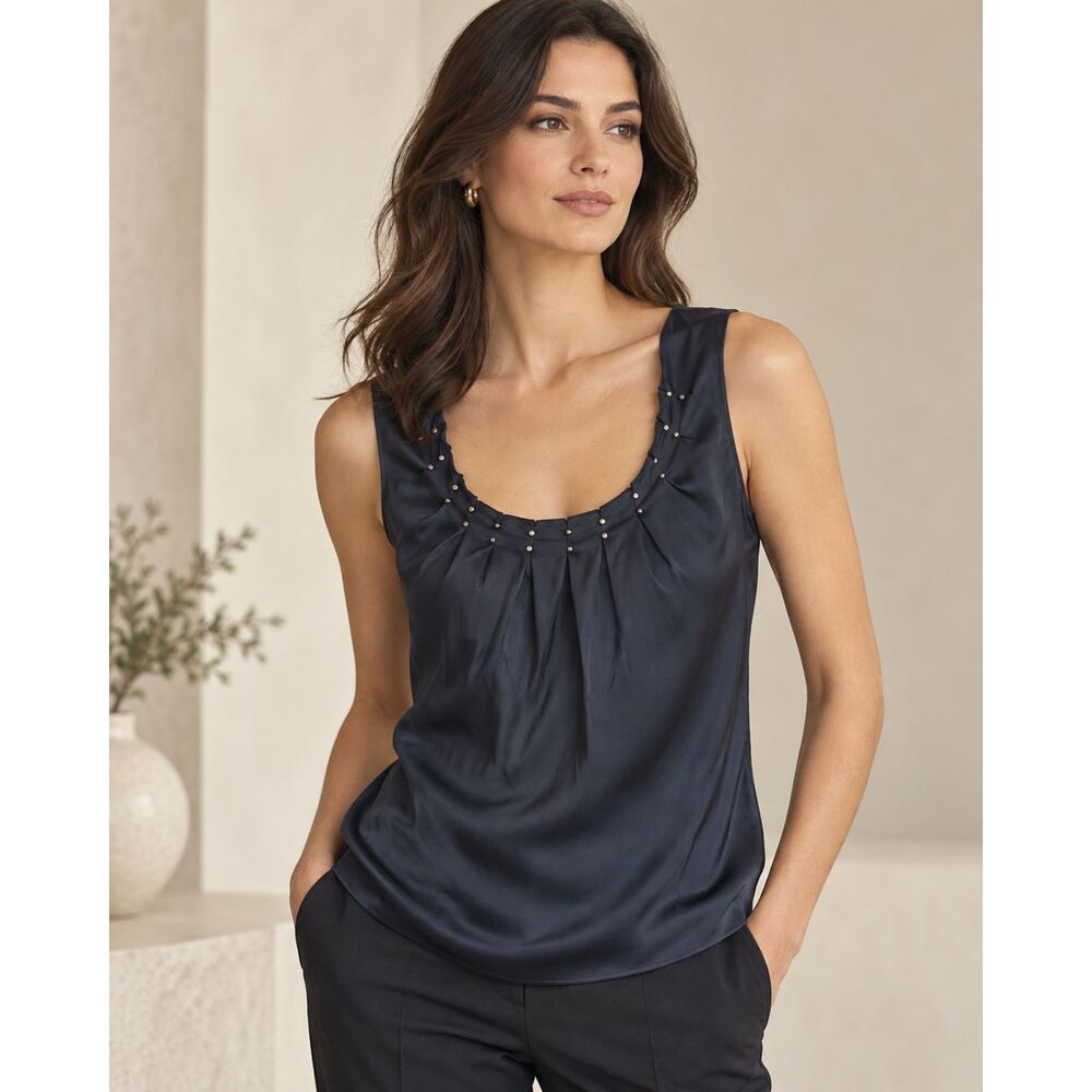 Elie Tahari Navy Silk Sleeveless Blouse Size S Beaded Neckline Women’s Top
